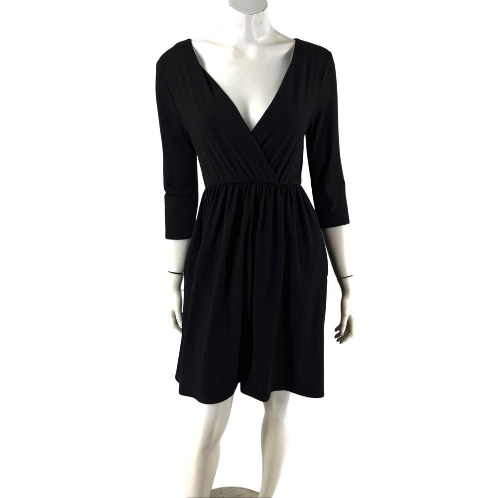 Zenana Womens Dress Size Small Black V Neck Surplice 3/4 Sleeve Knit Stretch